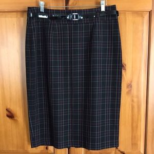Vintage Uniform JPR belted pencil skirt, black/white/purple plaid, size 12.